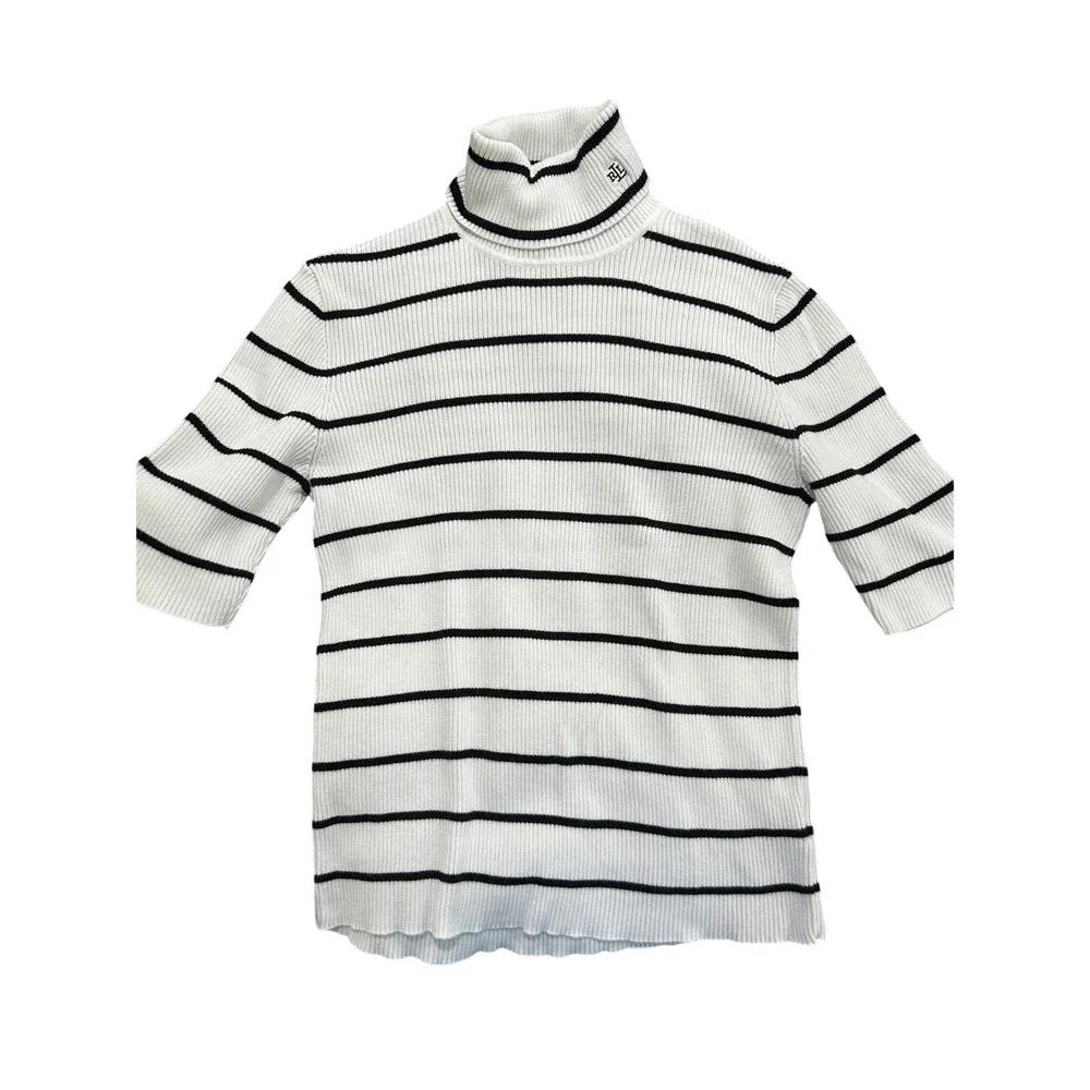Lauren Ralph Lauren White Navy Striped Ribbed Short Sleeve Turtleneck Sweater - Picture 2 of 3